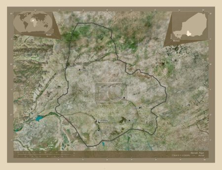 Foto de Maradi, departamento de Níger. Mapa satelital de alta resolución. Ubicaciones y nombres de las principales ciudades de la región. Mapas de ubicación auxiliares de esquina - Imagen libre de derechos