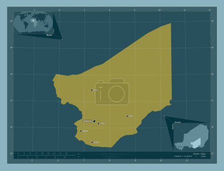 Foto de Zinder, departamento de Níger. Forma de color sólido. Ubicaciones y nombres de las principales ciudades de la región. Mapas de ubicación auxiliares de esquina - Imagen libre de derechos