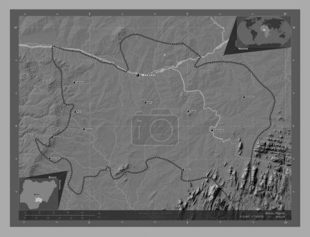 Foto de Benue, estado de Nigeria. Mapa de elevación de Bilevel con lagos y ríos. Ubicaciones y nombres de las principales ciudades de la región. Mapas de ubicación auxiliares de esquina - Imagen libre de derechos