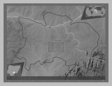 Foto de Benue, estado de Nigeria. Mapa de elevación a escala de grises con lagos y ríos. Ubicaciones de las principales ciudades de la región. Mapas de ubicación auxiliares de esquina - Imagen libre de derechos