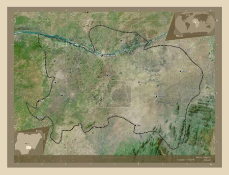 Foto de Benue, estado de Nigeria. Mapa satelital de alta resolución. Ubicaciones y nombres de las principales ciudades de la región. Mapas de ubicación auxiliares de esquina - Imagen libre de derechos