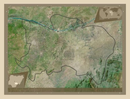 Foto de Benue, estado de Nigeria. Mapa satelital de alta resolución. Mapas de ubicación auxiliares de esquina - Imagen libre de derechos