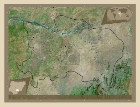Foto de Benue, estado de Nigeria. Mapa satelital de alta resolución. Ubicaciones de las principales ciudades de la región. Mapas de ubicación auxiliares de esquina - Imagen libre de derechos