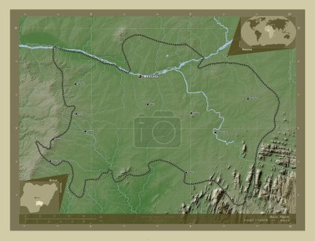 Foto de Benue, estado de Nigeria. Mapa de elevación coloreado en estilo wiki con lagos y ríos. Ubicaciones y nombres de las principales ciudades de la región. Mapas de ubicación auxiliares de esquina - Imagen libre de derechos