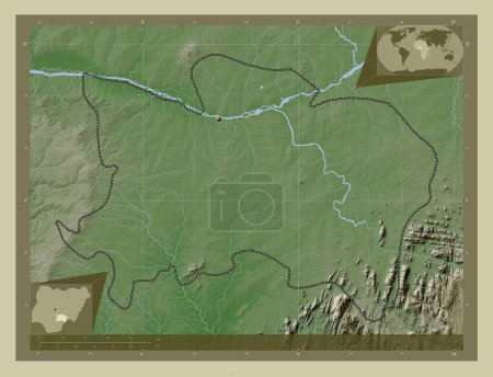 Foto de Benue, estado de Nigeria. Mapa de elevación coloreado en estilo wiki con lagos y ríos. Mapas de ubicación auxiliares de esquina - Imagen libre de derechos
