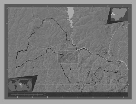 Téléchargez les photos : Kwara, État du Nigeria. Carte d'altitude de Bilevel avec lacs et rivières. Corner cartes de localisation auxiliaires - en image libre de droit