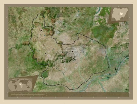 Foto de Plateau, estado de Nigeria. Mapa satelital de alta resolución. Ubicaciones de las principales ciudades de la región. Mapas de ubicación auxiliares de esquina - Imagen libre de derechos