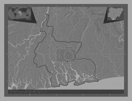 Téléchargez les photos : Rivers, État du Nigeria. Carte d'altitude de Bilevel avec lacs et rivières. Emplacements des grandes villes de la région. Corner cartes de localisation auxiliaires - en image libre de droit