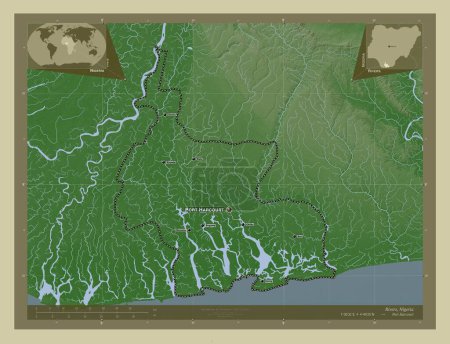 Téléchargez les photos : Rivers, État du Nigeria. Carte d'altitude colorée dans le style wiki avec des lacs et des rivières. Emplacements et noms des grandes villes de la région. Corner cartes de localisation auxiliaires - en image libre de droit