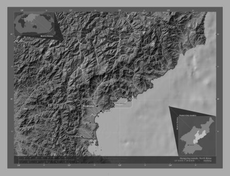 Foto de Hamgyong-namdo, provincia de Corea del Norte. Mapa de elevación de Bilevel con lagos y ríos. Ubicaciones y nombres de las principales ciudades de la región. Mapas de ubicación auxiliares de esquina - Imagen libre de derechos