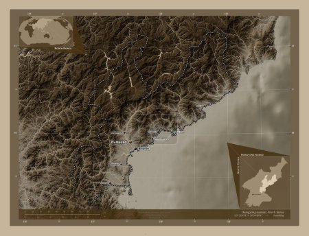 Foto de Hamgyong-namdo, provincia de Corea del Norte. Mapa de elevación coloreado en tonos sepia con lagos y ríos. Ubicaciones y nombres de las principales ciudades de la región. Mapas de ubicación auxiliares de esquina - Imagen libre de derechos