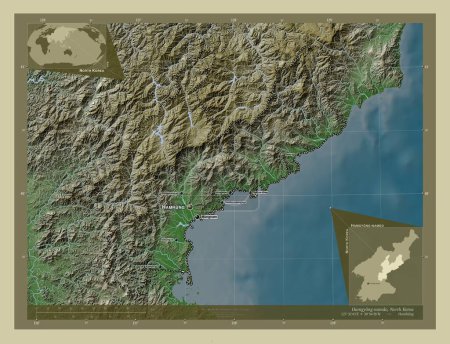 Foto de Hamgyong-namdo, provincia de Corea del Norte. Mapa de elevación coloreado en estilo wiki con lagos y ríos. Ubicaciones y nombres de las principales ciudades de la región. Mapas de ubicación auxiliares de esquina - Imagen libre de derechos