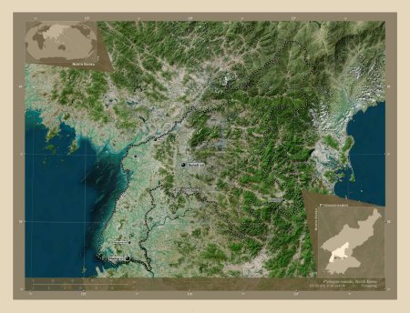 Foto de P 'yongan-namdo, provincia de Corea del Norte. Mapa satelital de alta resolución. Ubicaciones y nombres de las principales ciudades de la región. Mapas de ubicación auxiliares de esquina - Imagen libre de derechos