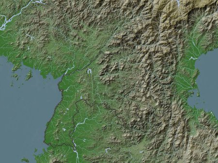Foto de P 'yongan-namdo, provincia de Corea del Norte. Mapa de elevación coloreado en estilo wiki con lagos y ríos - Imagen libre de derechos
