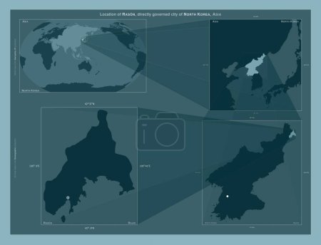 Foto de Rason, gobernó directamente la ciudad de Corea del Norte. Diagrama que muestra la ubicación de la región en mapas a gran escala. Composición de marcos vectoriales y formas PNG sobre un fondo sólido - Imagen libre de derechos