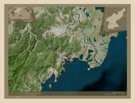 Foto de Rason, gobernó directamente la ciudad de Corea del Norte. Mapa satelital de alta resolución. Ubicaciones y nombres de las principales ciudades de la región. Mapas de ubicación auxiliares de esquina - Imagen libre de derechos