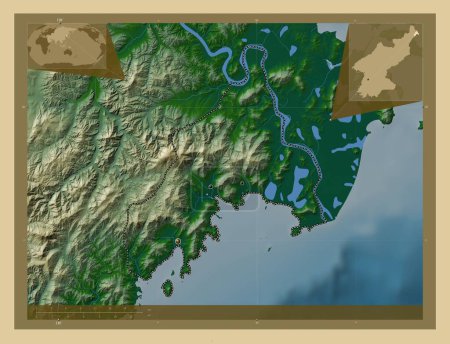 Foto de Rason, gobernó directamente la ciudad de Corea del Norte. Mapa de elevación de colores con lagos y ríos. Ubicaciones de las principales ciudades de la región. Mapas de ubicación auxiliares de esquina - Imagen libre de derechos