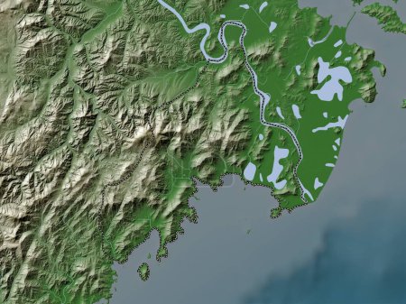 Foto de Rason, gobernó directamente la ciudad de Corea del Norte. Mapa de elevación coloreado en estilo wiki con lagos y ríos - Imagen libre de derechos