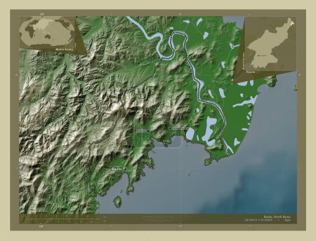 Foto de Rason, gobernó directamente la ciudad de Corea del Norte. Mapa de elevación coloreado en estilo wiki con lagos y ríos. Ubicaciones y nombres de las principales ciudades de la región. Mapas de ubicación auxiliares de esquina - Imagen libre de derechos