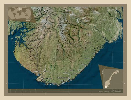 Foto de Agder, condado de Noruega. Mapa satelital de alta resolución. Ubicaciones y nombres de las principales ciudades de la región. Mapas de ubicación auxiliares de esquina - Imagen libre de derechos