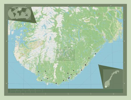 Foto de Agder, condado de Noruega. Open Street Map. Ubicaciones de las principales ciudades de la región. Mapas de ubicación auxiliares de esquina - Imagen libre de derechos