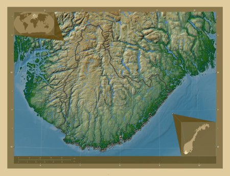 Foto de Agder, condado de Noruega. Mapa de elevación de colores con lagos y ríos. Ubicaciones de las principales ciudades de la región. Mapas de ubicación auxiliares de esquina - Imagen libre de derechos