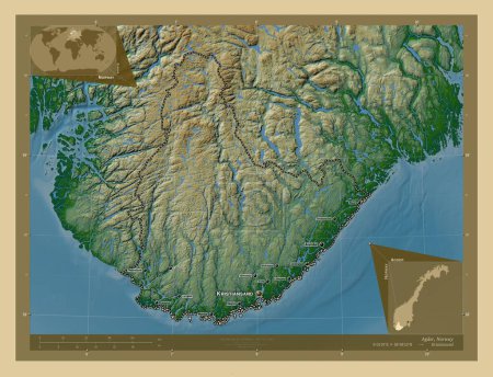 Foto de Agder, condado de Noruega. Mapa de elevación de colores con lagos y ríos. Ubicaciones y nombres de las principales ciudades de la región. Mapas de ubicación auxiliares de esquina - Imagen libre de derechos