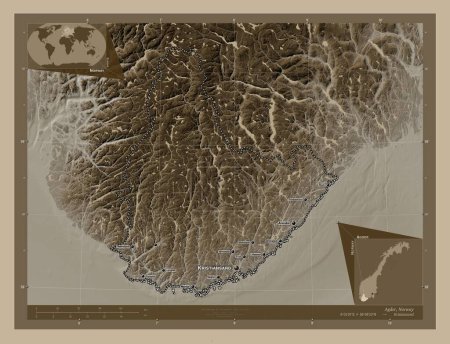 Photo for Agder, county of Norway. Elevation map colored in sepia tones with lakes and rivers. Locations and names of major cities of the region. Corner auxiliary location maps - Royalty Free Image