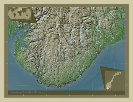 Foto de Agder, condado de Noruega. Mapa de elevación coloreado en estilo wiki con lagos y ríos. Ubicaciones de las principales ciudades de la región. Mapas de ubicación auxiliares de esquina - Imagen libre de derechos