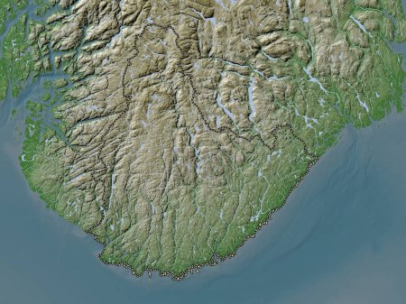 Foto de Agder, condado de Noruega. Mapa de elevación coloreado en estilo wiki con lagos y ríos - Imagen libre de derechos