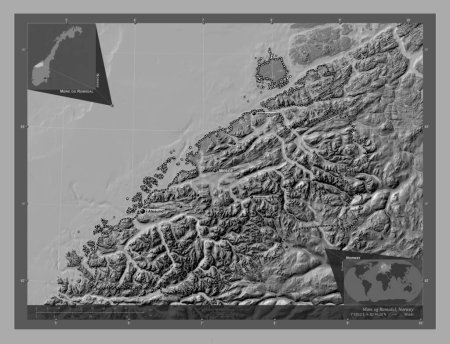 Foto de Mre og Romsdal, condado de Noruega. Mapa de elevación de Bilevel con lagos y ríos. Ubicaciones y nombres de las principales ciudades de la región. Mapas de ubicación auxiliares de esquina - Imagen libre de derechos