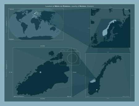 Foto de Mre og Romsdal, condado de Noruega. Diagrama que muestra la ubicación de la región en mapas a gran escala. Composición de marcos vectoriales y formas PNG sobre un fondo sólido - Imagen libre de derechos