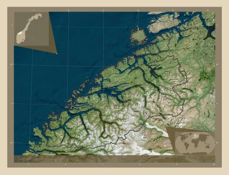 Foto de Mre og Romsdal, condado de Noruega. Mapa satelital de alta resolución. Ubicaciones de las principales ciudades de la región. Mapas de ubicación auxiliares de esquina - Imagen libre de derechos