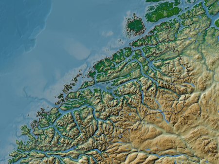 Foto de Mre og Romsdal, condado de Noruega. Mapa de elevación de colores con lagos y ríos - Imagen libre de derechos