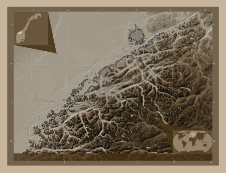 Photo for Mre og Romsdal, county of Norway. Elevation map colored in sepia tones with lakes and rivers. Locations of major cities of the region. Corner auxiliary location maps - Royalty Free Image