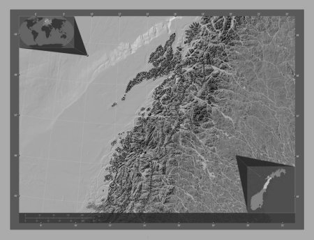 Foto de Nordland, condado de Noruega. Mapa de elevación de Bilevel con lagos y ríos. Ubicaciones de las principales ciudades de la región. Mapas de ubicación auxiliares de esquina - Imagen libre de derechos