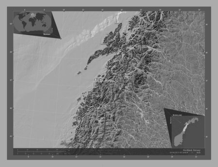 Foto de Nordland, condado de Noruega. Mapa de elevación de Bilevel con lagos y ríos. Ubicaciones y nombres de las principales ciudades de la región. Mapas de ubicación auxiliares de esquina - Imagen libre de derechos