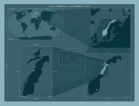 Foto de Nordland, condado de Noruega. Diagrama que muestra la ubicación de la región en mapas a gran escala. Composición de marcos vectoriales y formas PNG sobre un fondo sólido - Imagen libre de derechos