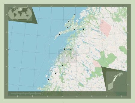 Foto de Nordland, condado de Noruega. Open Street Map. Ubicaciones de las principales ciudades de la región. Mapas de ubicación auxiliares de esquina - Imagen libre de derechos