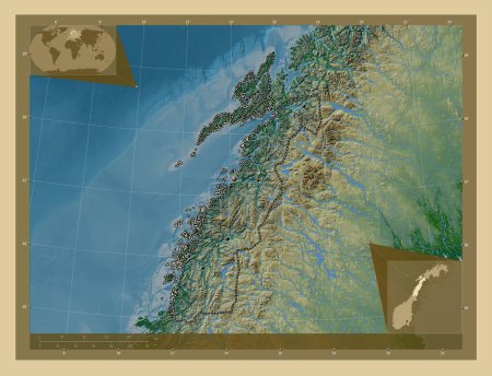Foto de Nordland, condado de Noruega. Mapa de elevación de colores con lagos y ríos. Ubicaciones de las principales ciudades de la región. Mapas de ubicación auxiliares de esquina - Imagen libre de derechos