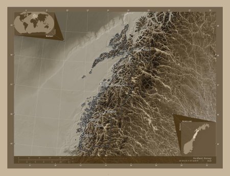 Foto de Nordland, condado de Noruega. Mapa de elevación coloreado en tonos sepia con lagos y ríos. Ubicaciones y nombres de las principales ciudades de la región. Mapas de ubicación auxiliares de esquina - Imagen libre de derechos