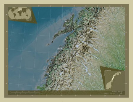 Foto de Nordland, condado de Noruega. Mapa de elevación coloreado en estilo wiki con lagos y ríos. Ubicaciones y nombres de las principales ciudades de la región. Mapas de ubicación auxiliares de esquina - Imagen libre de derechos