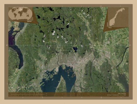 Foto de Oslo, condado de Noruega. Mapa satelital de baja resolución. Ubicaciones y nombres de las principales ciudades de la región. Mapas de ubicación auxiliares de esquina - Imagen libre de derechos