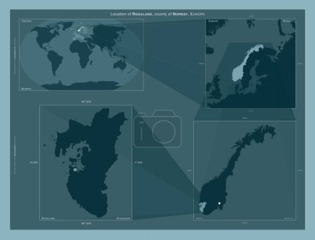 Foto de Rogaland, condado de Noruega. Diagrama que muestra la ubicación de la región en mapas a gran escala. Composición de marcos vectoriales y formas PNG sobre un fondo sólido - Imagen libre de derechos