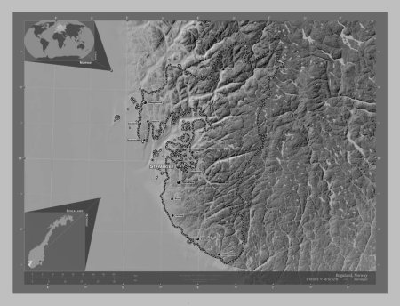 Photo for Rogaland, county of Norway. Grayscale elevation map with lakes and rivers. Locations and names of major cities of the region. Corner auxiliary location maps - Royalty Free Image