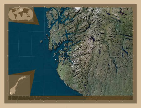 Foto de Rogaland, condado de Noruega. Mapa satelital de baja resolución. Ubicaciones de las principales ciudades de la región. Mapas de ubicación auxiliares de esquina - Imagen libre de derechos