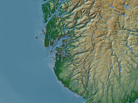 Foto de Rogaland, condado de Noruega. Mapa de elevación de colores con lagos y ríos - Imagen libre de derechos
