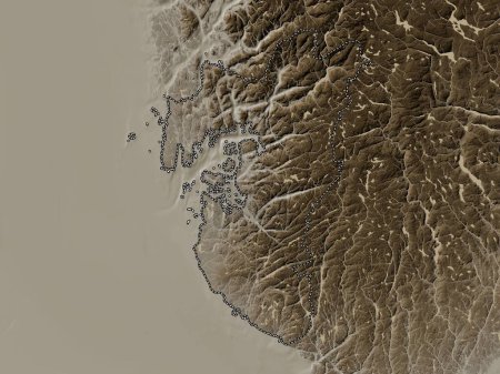 Photo for Rogaland, county of Norway. Elevation map colored in sepia tones with lakes and rivers - Royalty Free Image