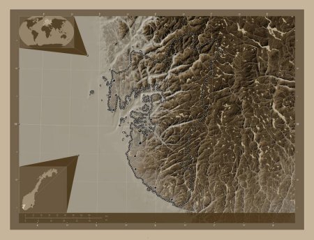 Photo for Rogaland, county of Norway. Elevation map colored in sepia tones with lakes and rivers. Locations of major cities of the region. Corner auxiliary location maps - Royalty Free Image