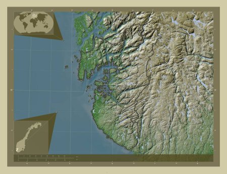 Foto de Rogaland, condado de Noruega. Mapa de elevación coloreado en estilo wiki con lagos y ríos. Mapas de ubicación auxiliares de esquina - Imagen libre de derechos